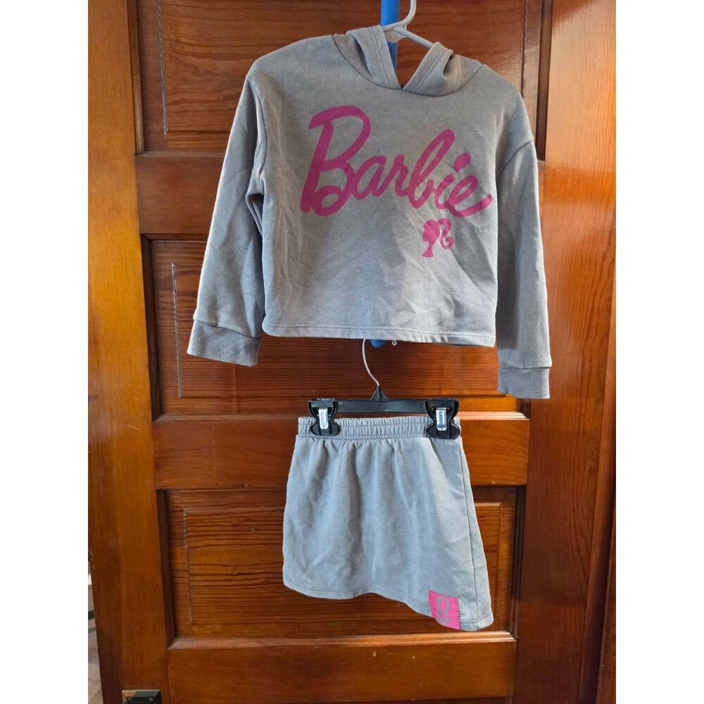 Barbie Girls 3T 2 Piece Hoodie Skirt Set Gray Pink Cropped Sweatshirt Outfit